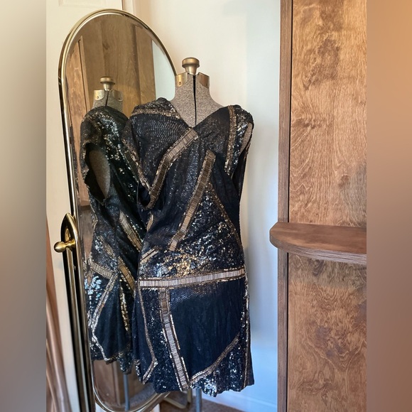 All Saint Dasia Dress sequined gold and black New Year’s Eve dress size 10 - Picture 2 of 8
